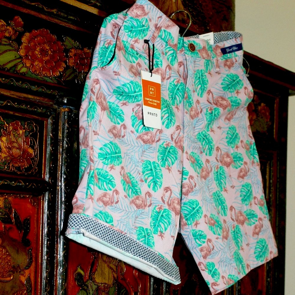 NEW* Printed Cotton Stretch Flip Cuff Flamingo Shorts